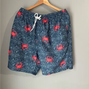 Blue Swim Shorts with Red Crab Pattern
